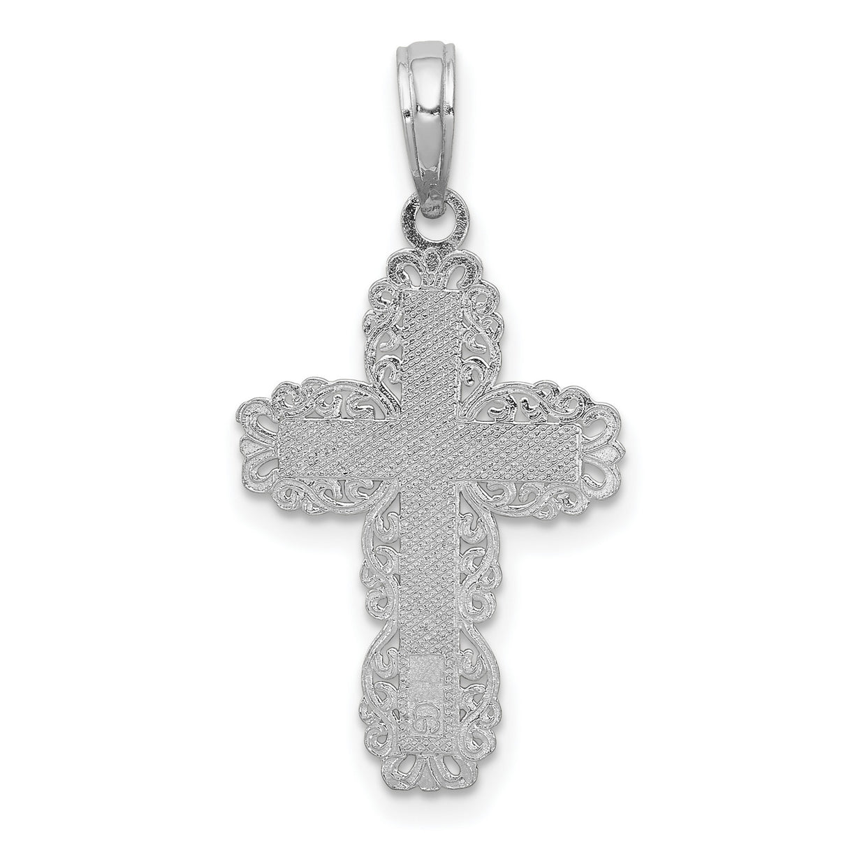 10k White Gold Cross Pendant with Textured Filigree Design, Polished Finish, Latin Religious Charm