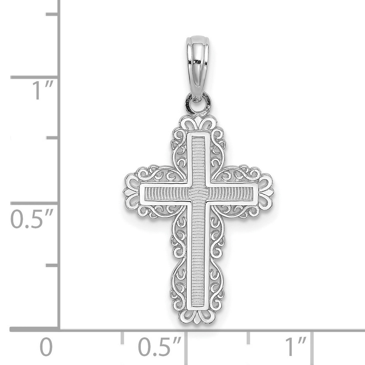 10k White Gold Cross Pendant with Textured Filigree Design, Polished Finish, Latin Religious Charm