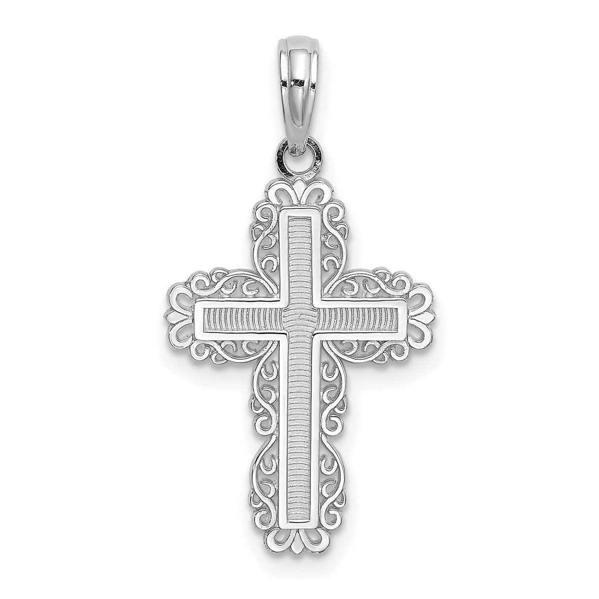10k White Gold Cross Pendant with Textured Filigree Design, Polished Finish, Latin Religious Charm