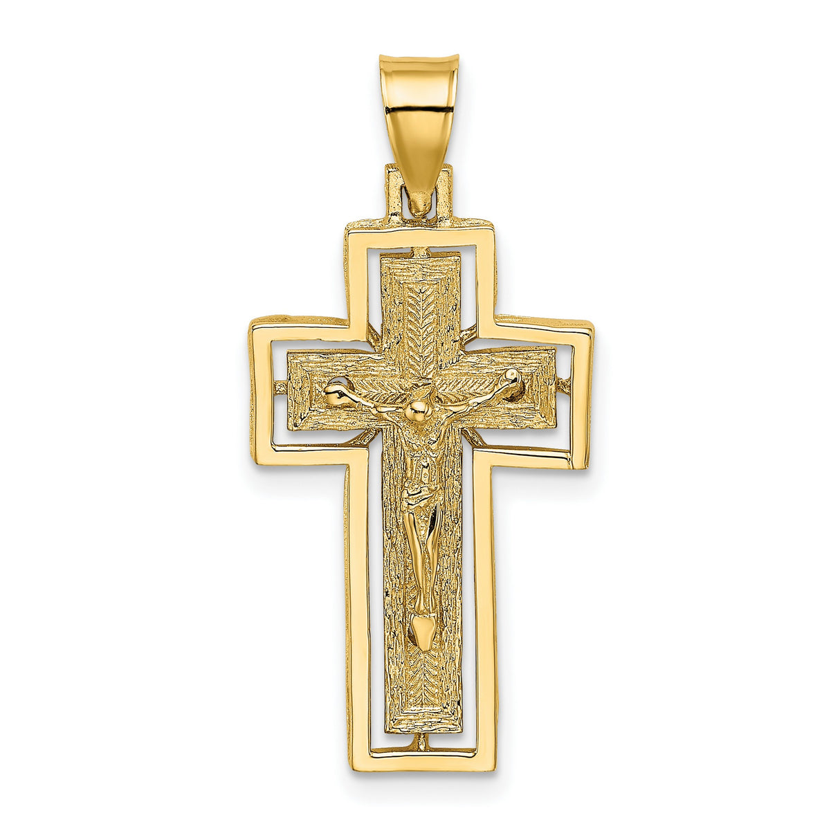 10k Yellow Gold Crucifix Cross Pendant with Textured Detailing, Polished Finish, Christian Religious Jewelry
