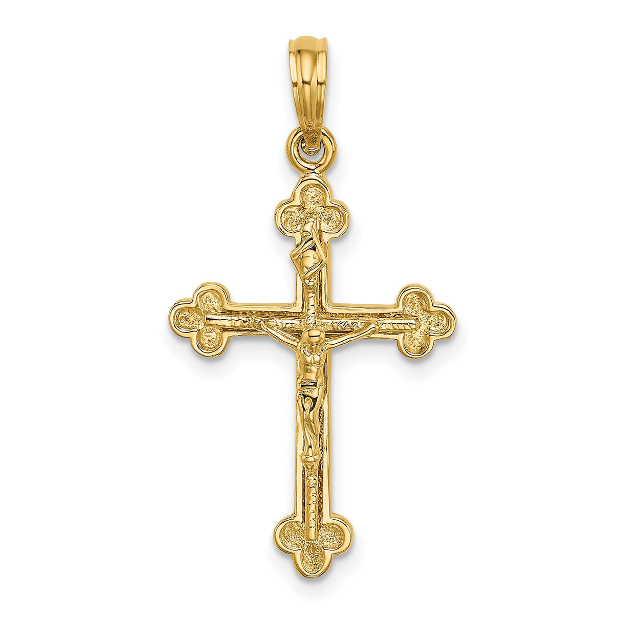 10k Yellow Gold Crucifix Cross Pendant with High Relief Christ Latin Budded Design