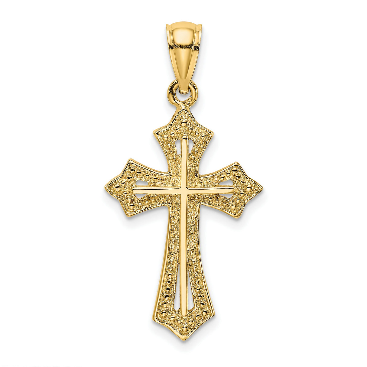 10k Yellow Gold Cross Pendant with Flared Arms and Beaded Edges for Men and Women
