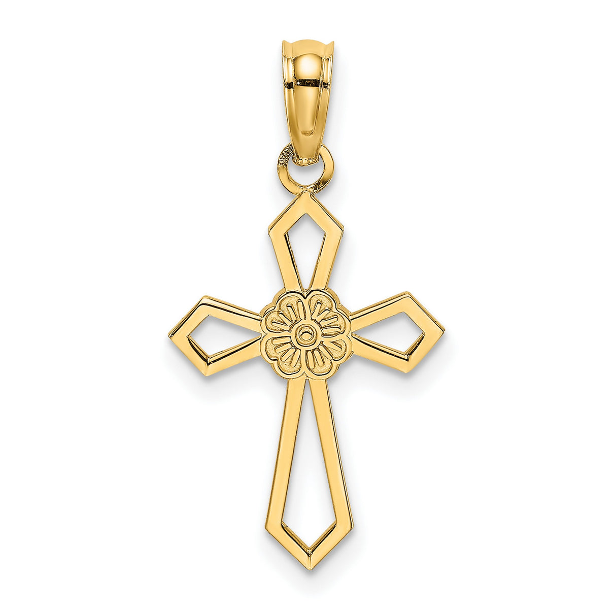 10k Yellow Gold Cross Pendant with Floral Cut-Out and Geometric Design Religious Charm