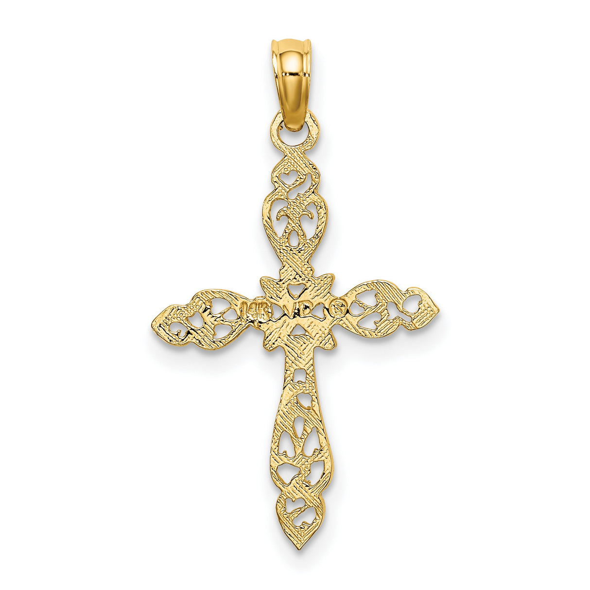 10k Yellow Gold Cross Pendant with Lace Filigree and Floral Accent for Men and Women