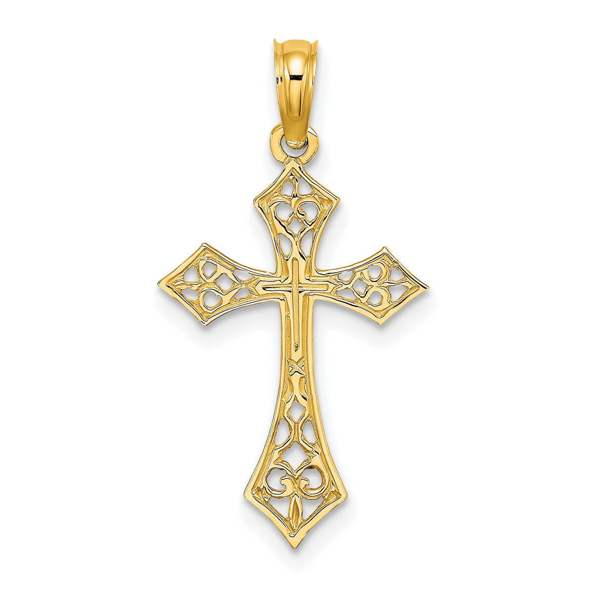 10k Yellow Gold Cross Pendant with Filigree Openwork Design and Polished Finish