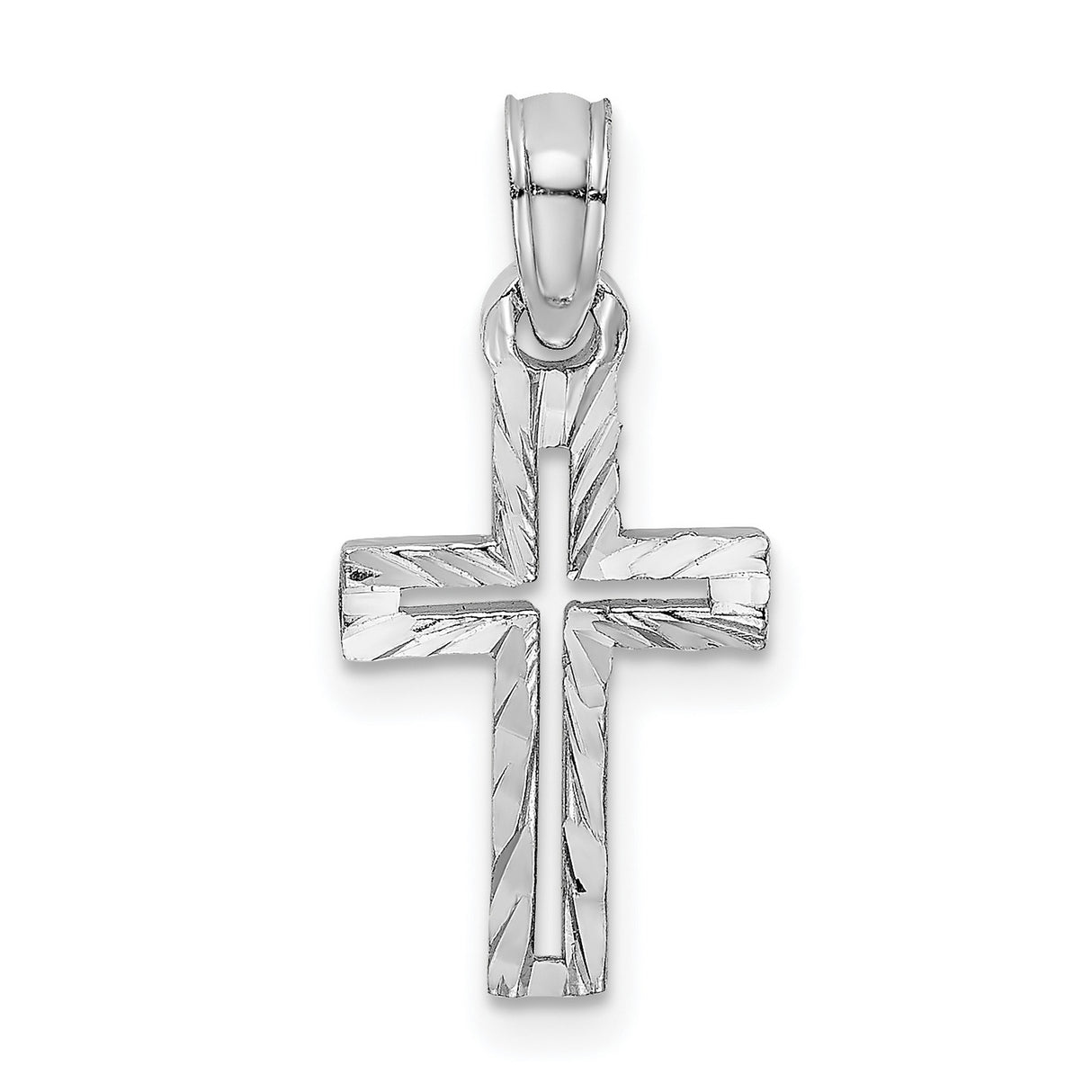 10k White Gold Cross Pendant, Diamond Cut with Beveled Edges and Textured Finish