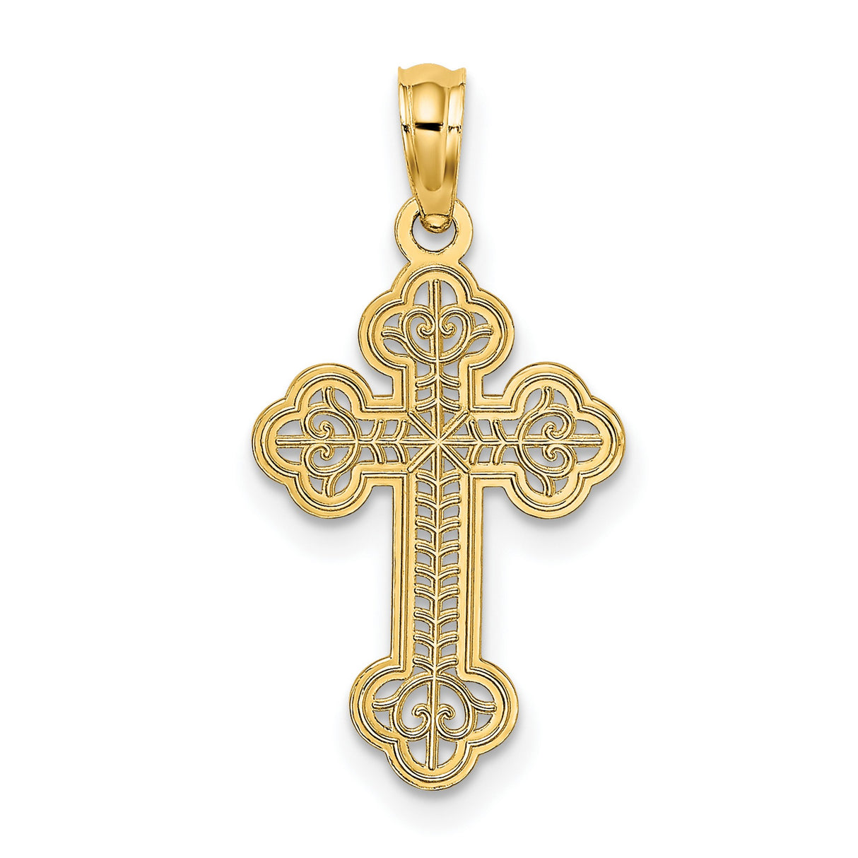 10k Yellow Gold Cross Pendant with Budded Design, Filigree Center and Polished Bail