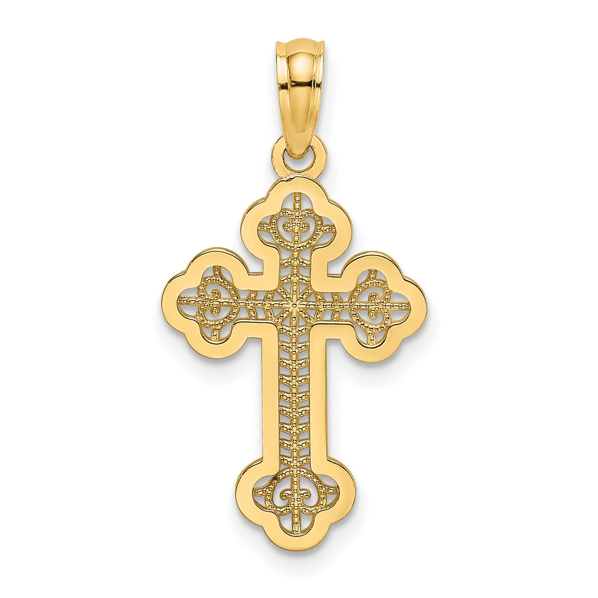 10k Yellow Gold Cross Pendant with Budded Design, Filigree Center and Polished Bail