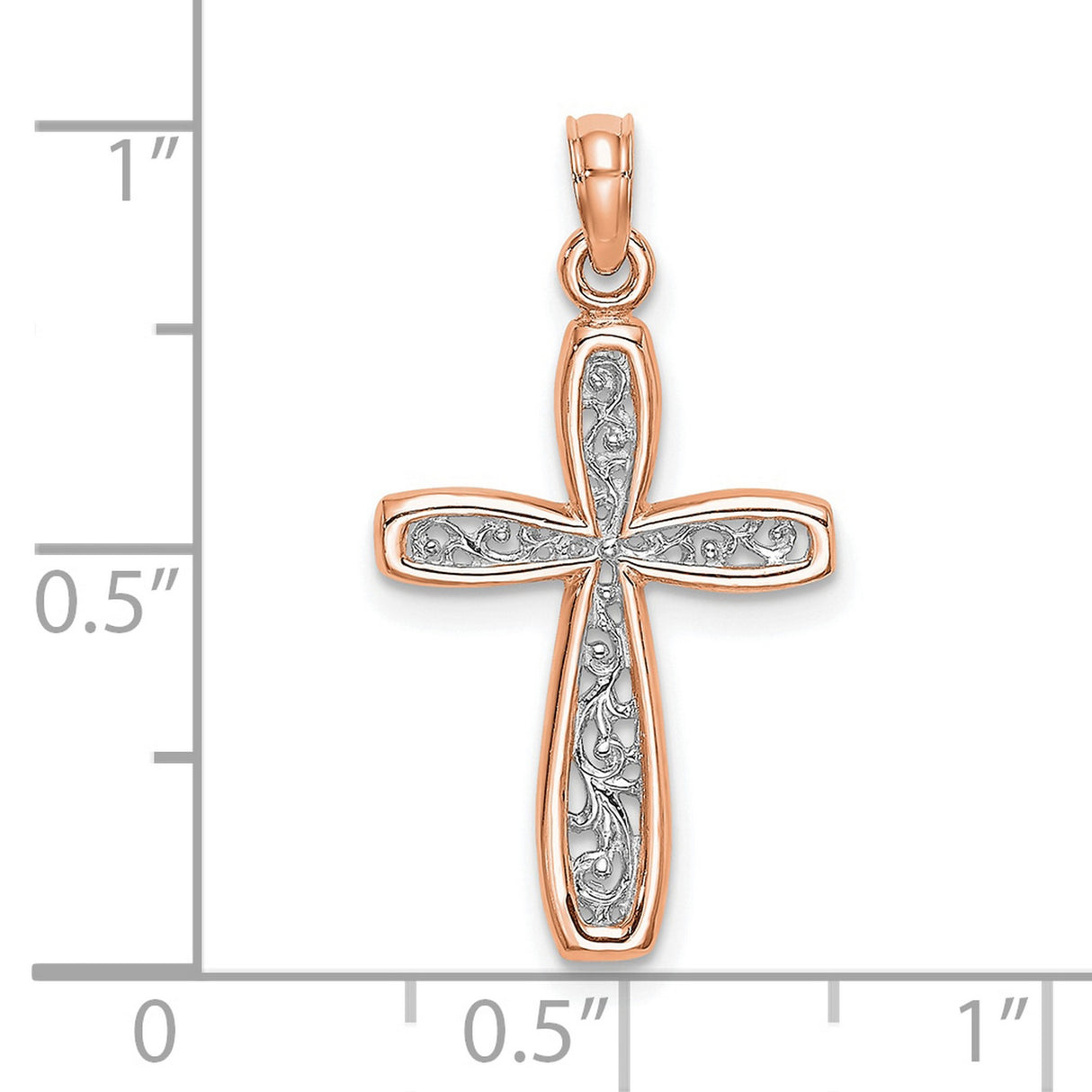 10k Rose Gold Cross Pendant with Silver Inlay Scroll Design, Unisex Spiritual Jewelry