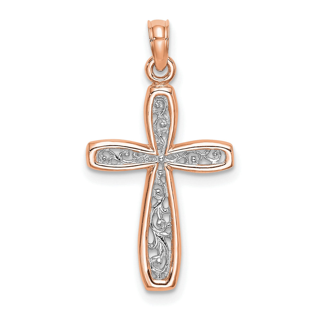 10k Rose Gold Cross Pendant with Silver Inlay Scroll Design, Unisex Spiritual Jewelry