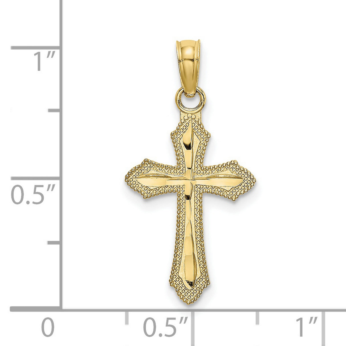 10k Yellow Gold Cross Pendant with Diamond Cut Beaded Edge, Polished Religious Charm
