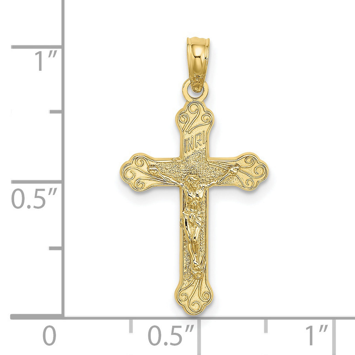 10k Yellow Gold Crucifix Cross Pendant with INRI Figure and Scroll Tips Vintage Catholic Style