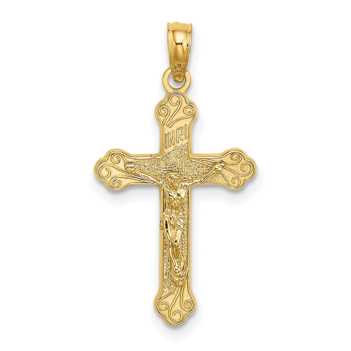 10k Yellow Gold Crucifix Cross Pendant with INRI Figure and Scroll Tips Vintage Catholic Style