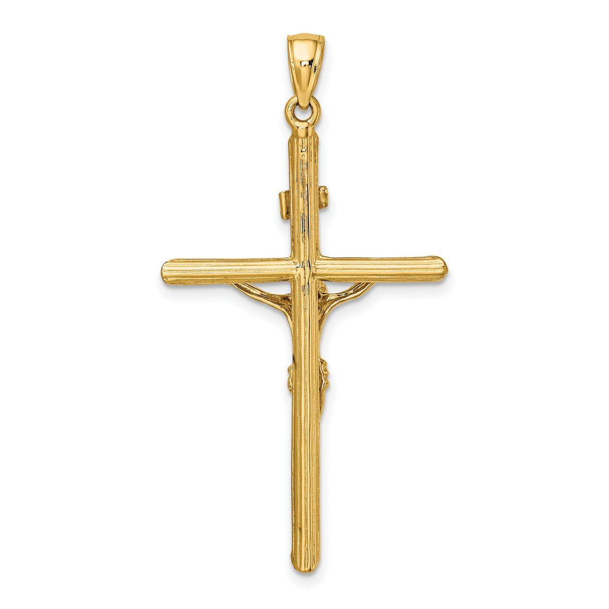 10k Yellow Gold Crucifix Pendant with Polished Christ Figure and Textured Cross Design