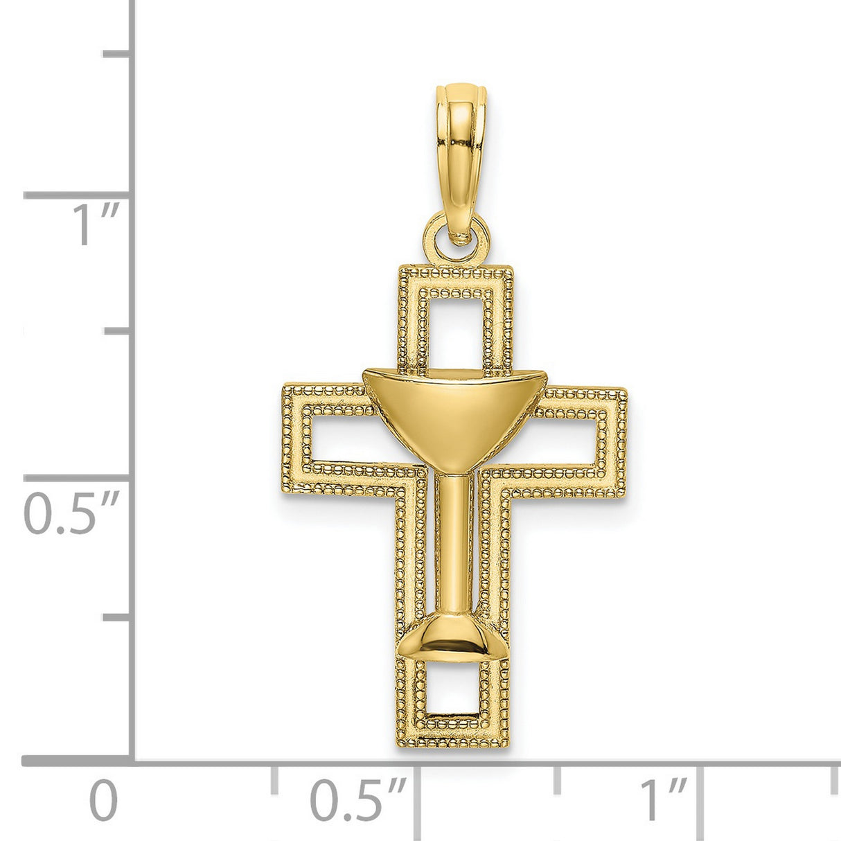 10k Yellow Gold Cross Pendant with Chalice, Beaded Edge, Religious Christian Design