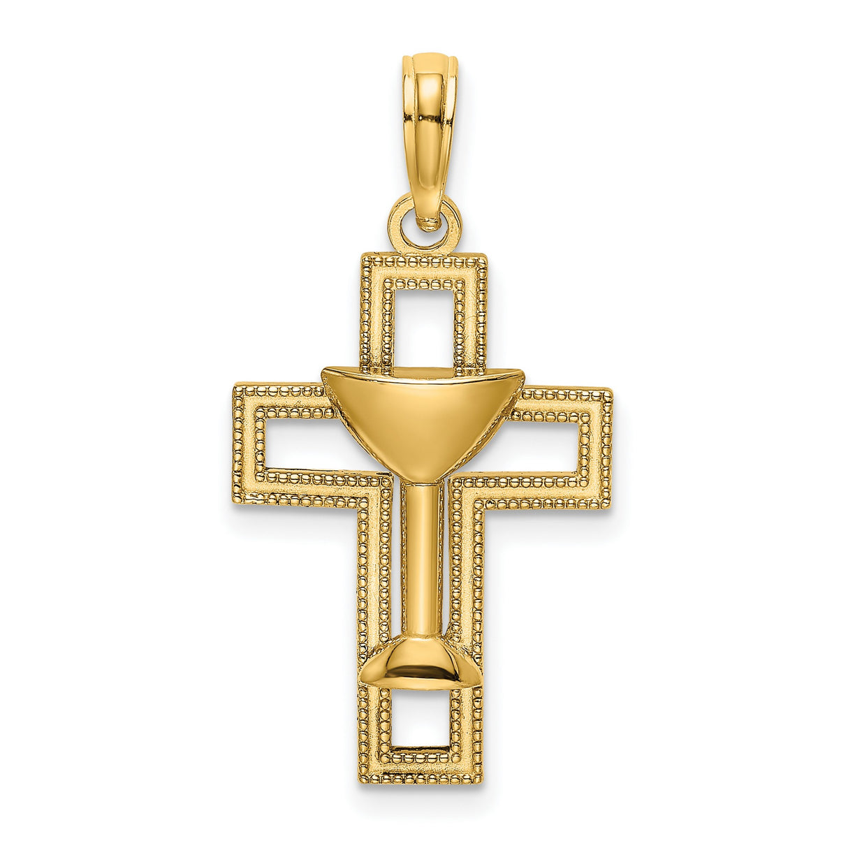 10k Yellow Gold Cross Pendant with Chalice, Beaded Edge, Religious Christian Design