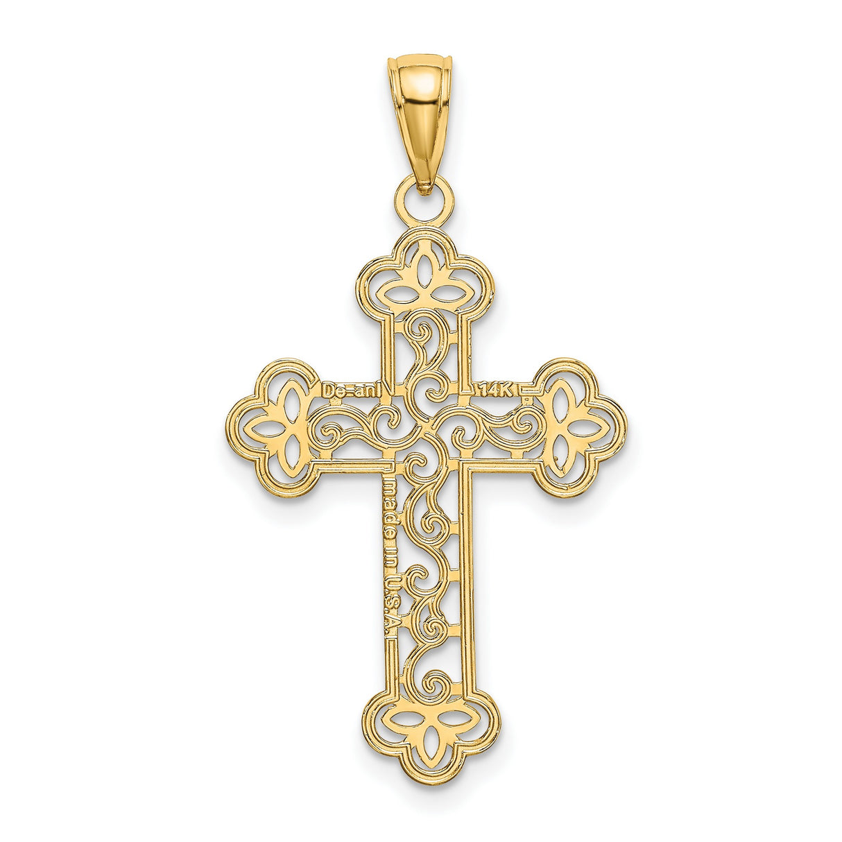 10k Yellow Gold Cross Pendant with Filigree Trefoil Motif and Openwork Design