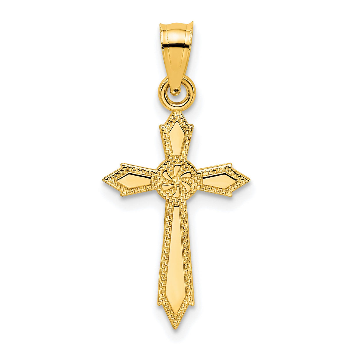 10k Yellow Gold Cross Pendant with Textured Edges and High Polish Finish