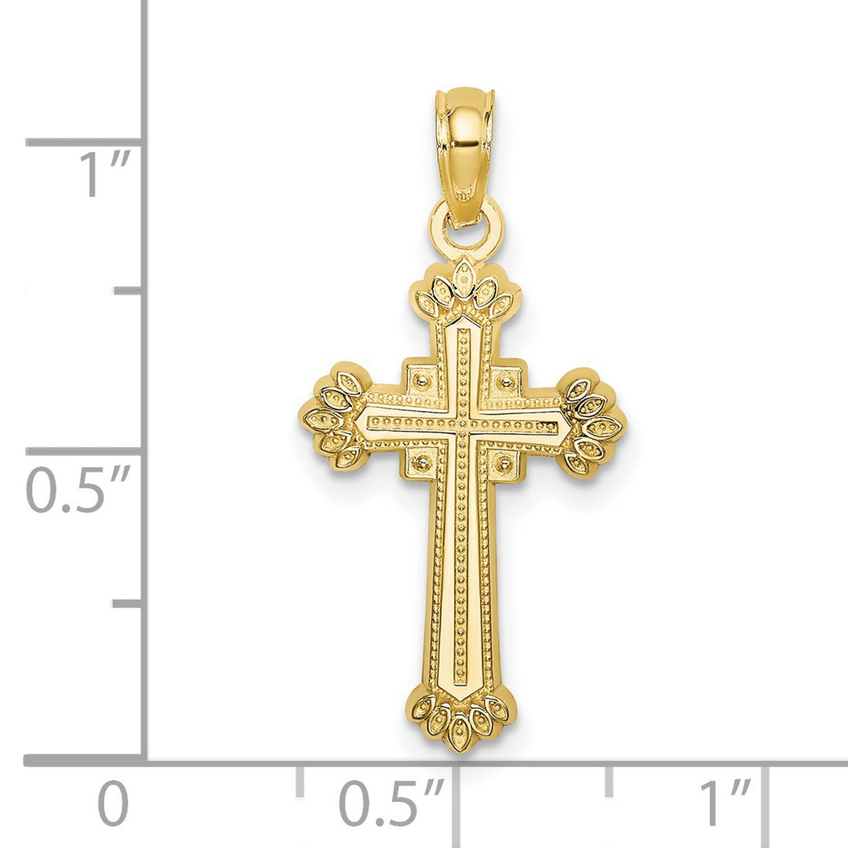 10k Yellow Gold Cross Pendant with Textured Leaves, Beaded Edge, and Floral Motif