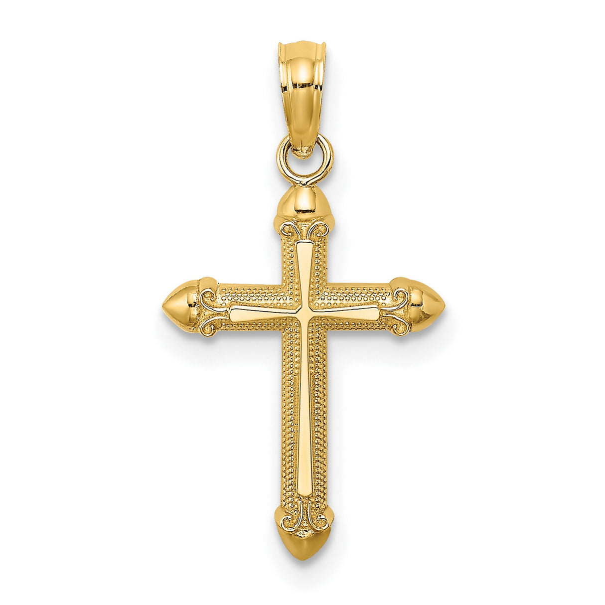 10k Yellow Gold Cross Pendant with Scroll Design and Polished Baroque Style for Men and Women