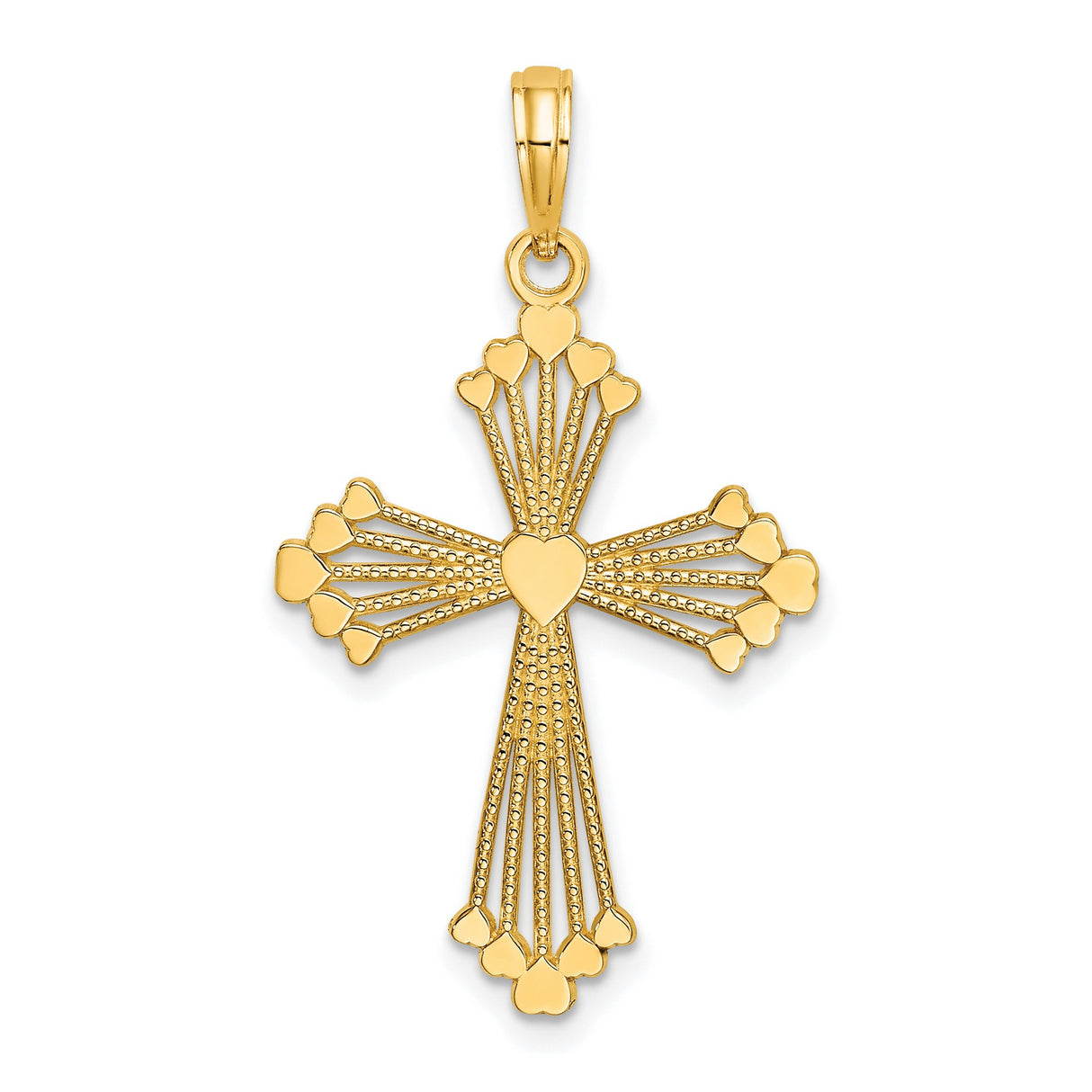 10k Yellow Gold Cross Pendant with Polished Heart Charm, Religious and Spiritual Jewelry for Men and Women