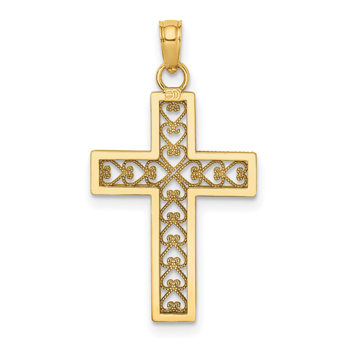 10k Yellow Gold Cross Pendant with Filigree and Diamond-Cut Detailing, Openwork Hearts Design