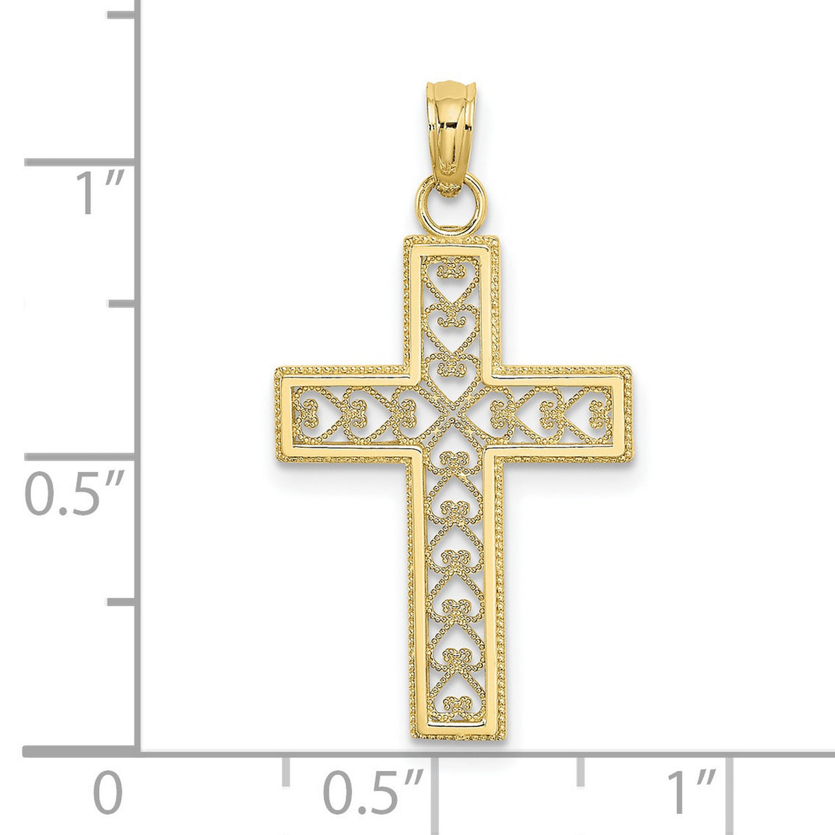 10k Yellow Gold Cross Pendant with Filigree and Diamond-Cut Detailing, Openwork Hearts Design