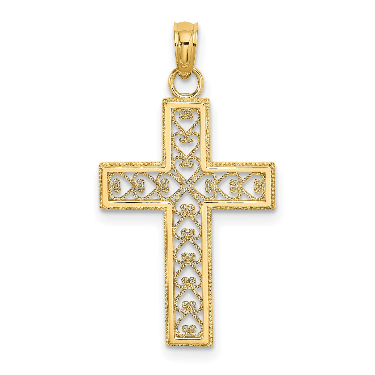 10k Yellow Gold Cross Pendant with Filigree and Diamond-Cut Detailing, Openwork Hearts Design