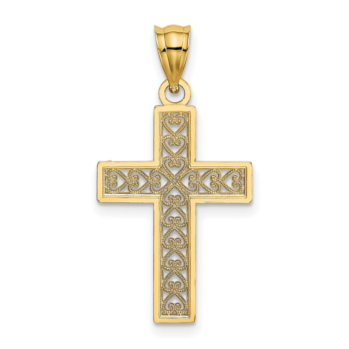 10k Yellow Gold Cross Pendant with Filigree Openwork, Diamond Cut Edge, and Heart Motif
