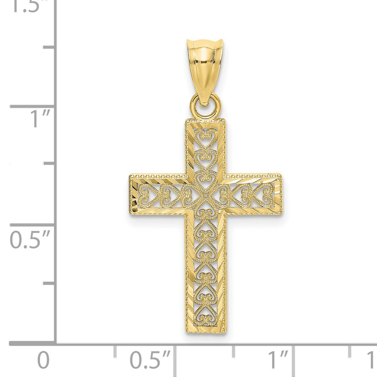 10k Yellow Gold Cross Pendant with Filigree Openwork, Diamond Cut Edge, and Heart Motif