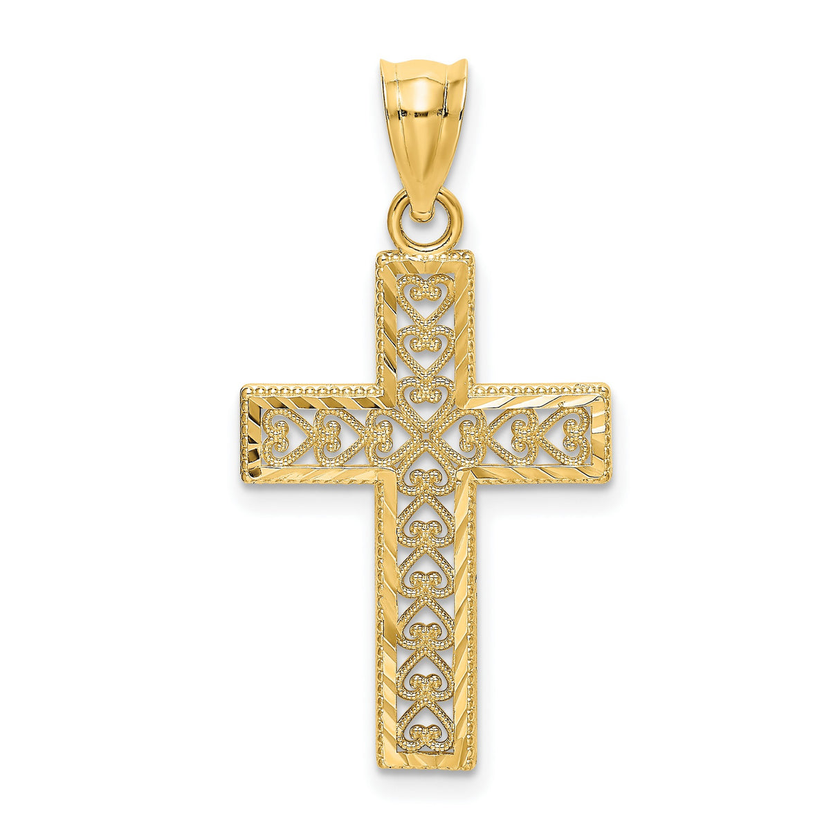 10k Yellow Gold Cross Pendant with Filigree Openwork, Diamond Cut Edge, and Heart Motif