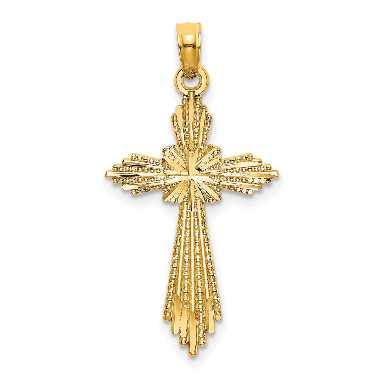 10k Yellow Gold Cross Pendant, Diamond Cut Religious Charm with Polished Finish, Celestial Design