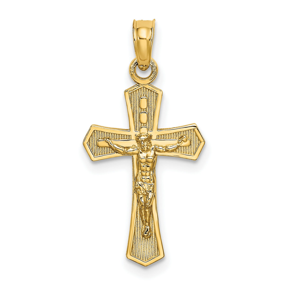 10k Yellow Gold Crucifix Pendant with Sculpted Jesus and Beveled Edges Christian Charm