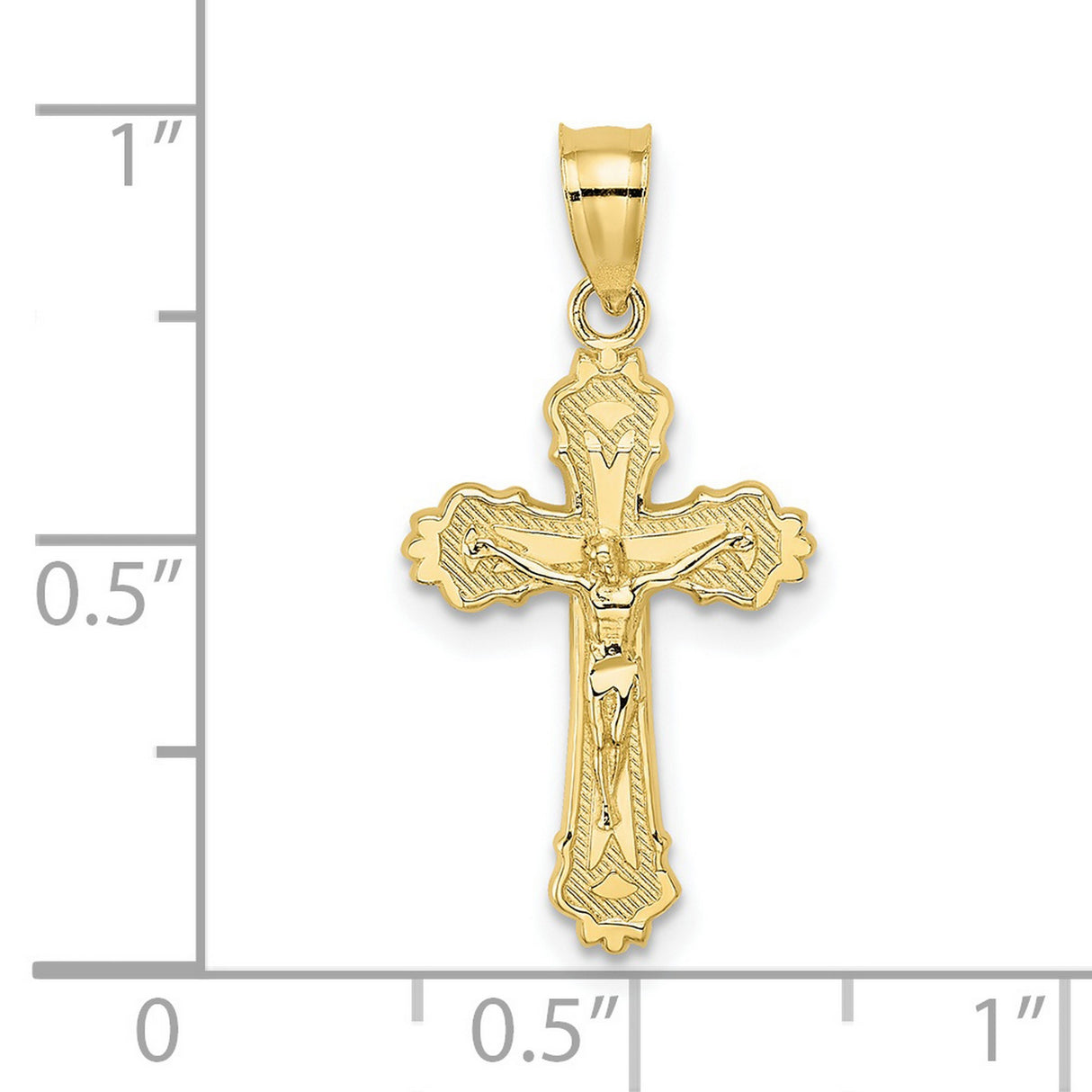 10k Yellow Gold Crucifix Pendant with Jesus Figure and Textured Scalloped Edges
