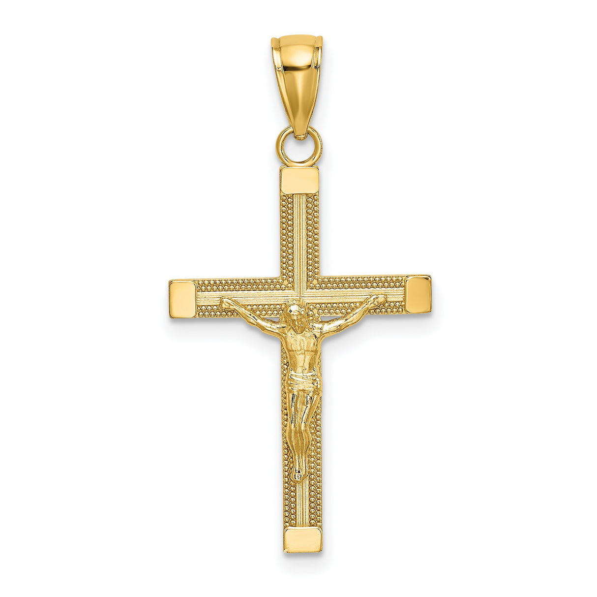 10k Yellow Gold Crucifix Cross Pendant with Textured Jesus Design, Christian Religious Jewelry