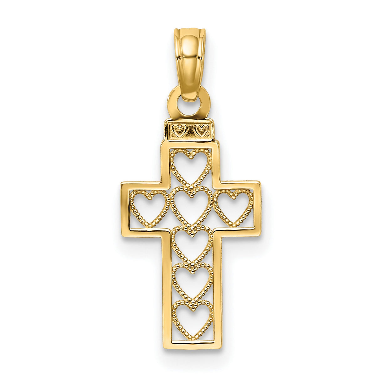 10k Yellow Gold Cross Pendant with Openwork Hearts and Milgrain Detail