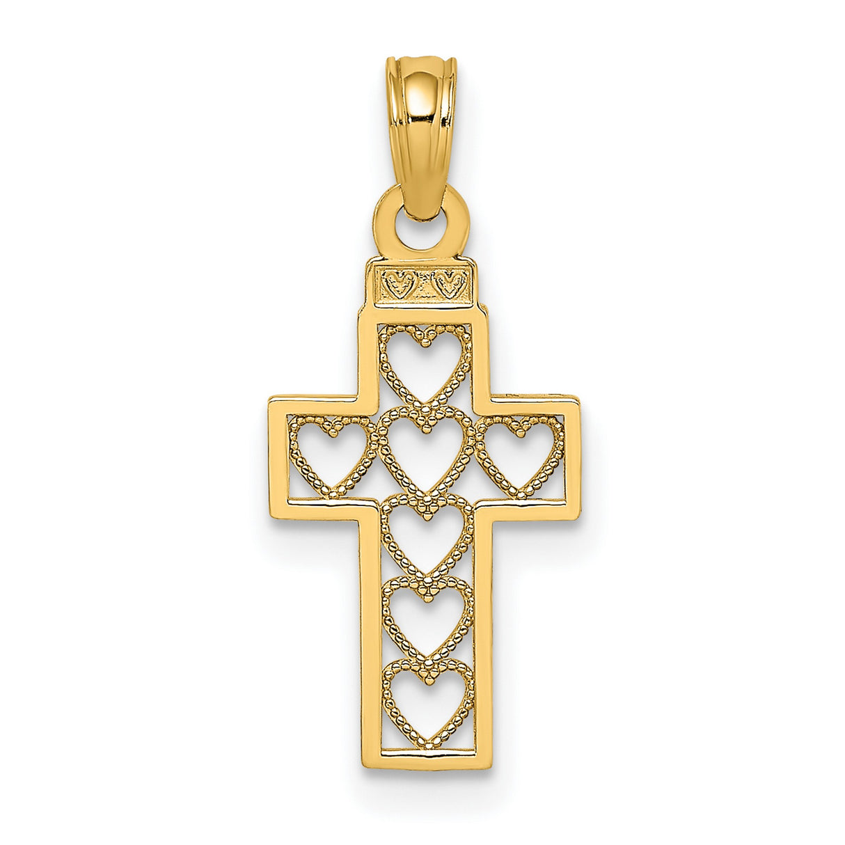 10k Yellow Gold Cross Pendant with Openwork Hearts and Milgrain Detail