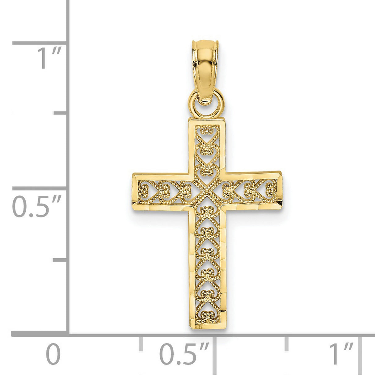 10k Yellow Gold Cross Pendant with Filigree Heart Detail, Religious Oval Design