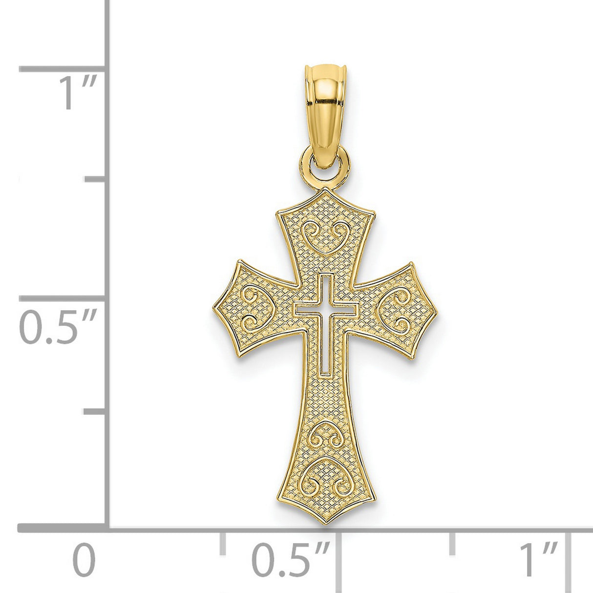 10k Yellow Gold Cross Pendant with Textured Filigree, Cutout Center, and Scrollwork Accents