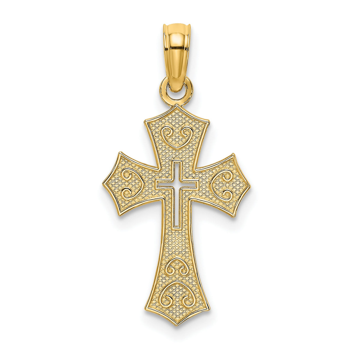10k Yellow Gold Cross Pendant with Textured Filigree, Cutout Center, and Scrollwork Accents