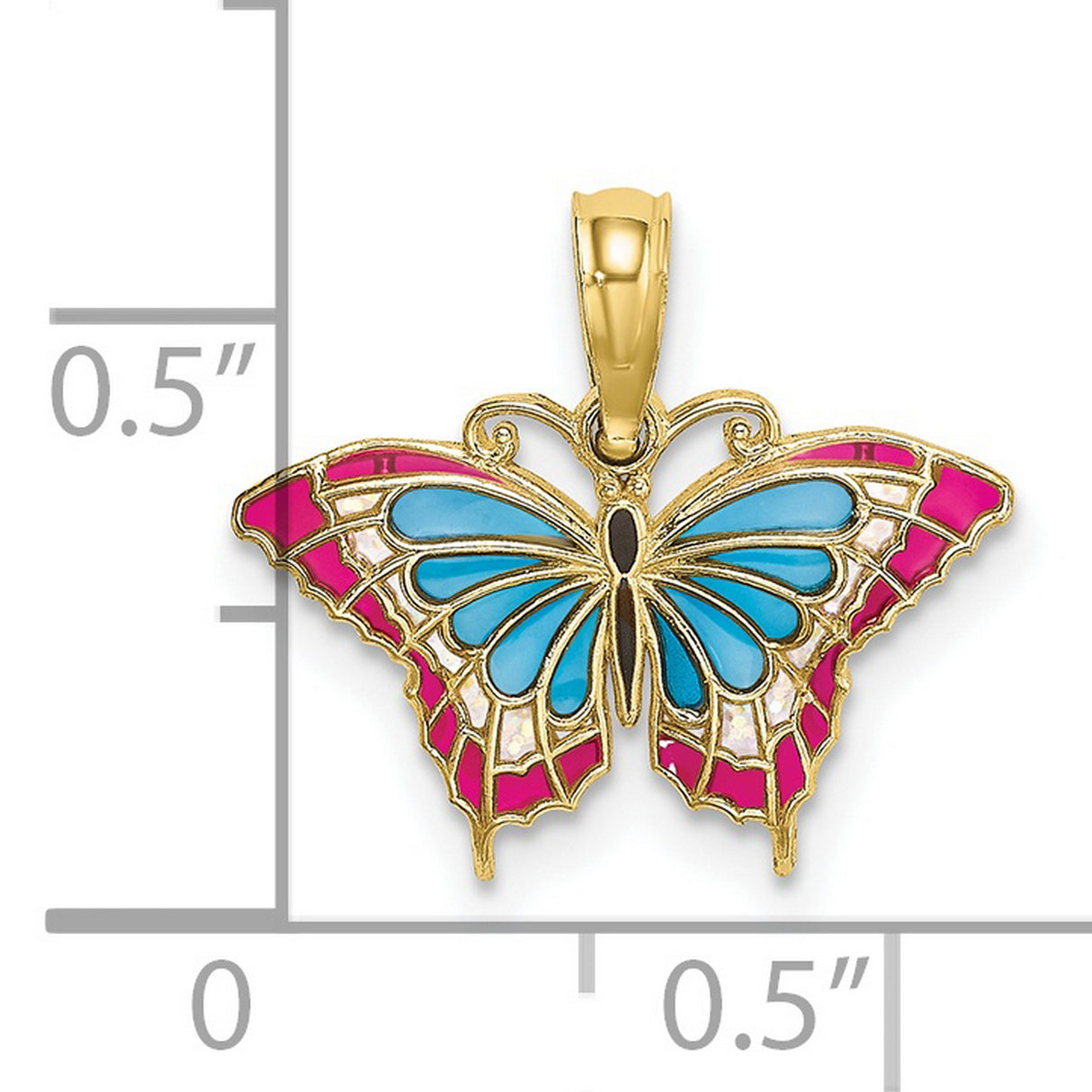 10k Yellow Gold Butterfly Pendant with Blue, Pink, and White Enamel Accents
