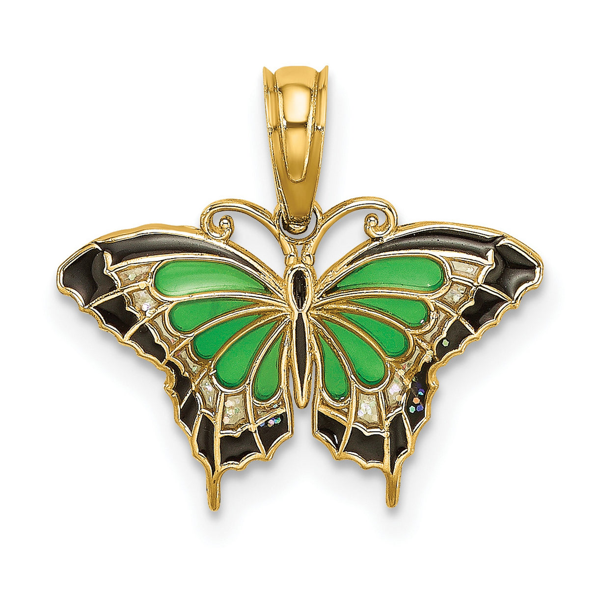 10k Yellow Gold Butterfly Pendant with Green and Black Enamel Wings, Nature-Inspired Jewelry
