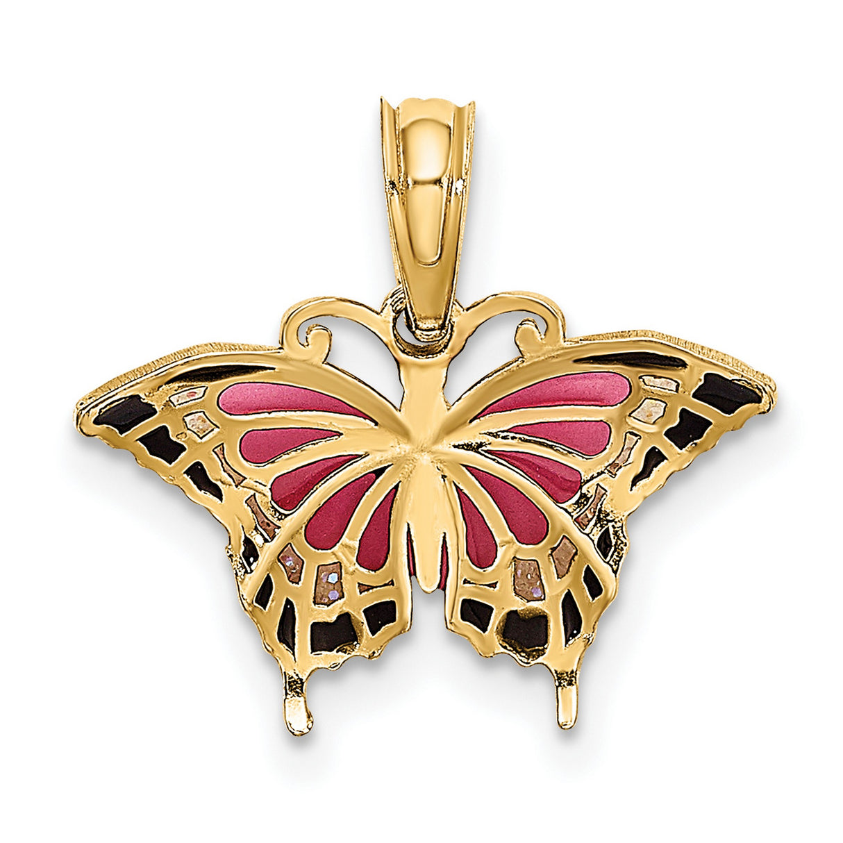 10k Yellow Gold Butterfly Pendant with Pink and Black Enamel Wings, Feminine Nature Design