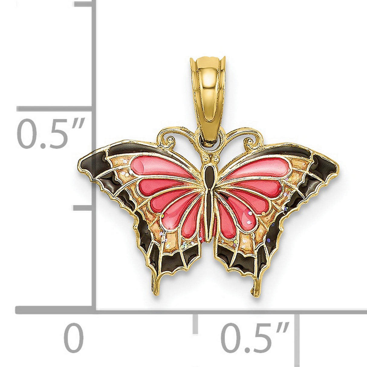 10k Yellow Gold Butterfly Pendant with Pink and Black Enamel Wings, Feminine Nature Design