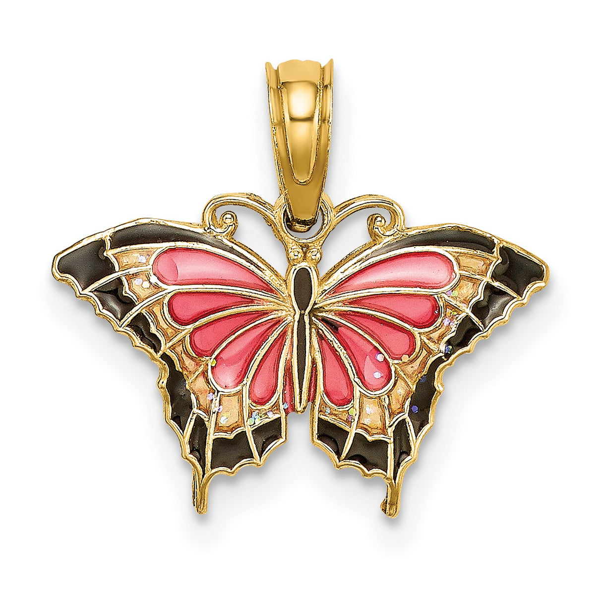 10k Yellow Gold Butterfly Pendant with Pink and Black Enamel Wings, Feminine Nature Design