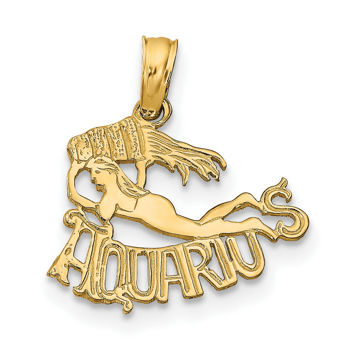 10k Yellow Gold Aquarius Zodiac Pendant with Water Bearer Symbol and Bold Lettering