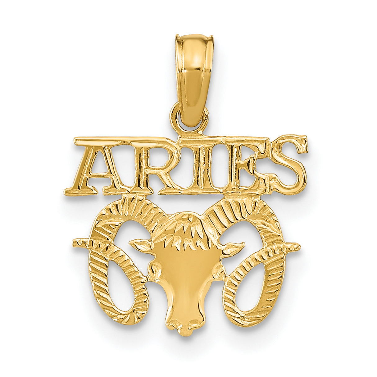 10k Yellow Gold Aries Zodiac Pendant with Ram Head and Bold Lettering