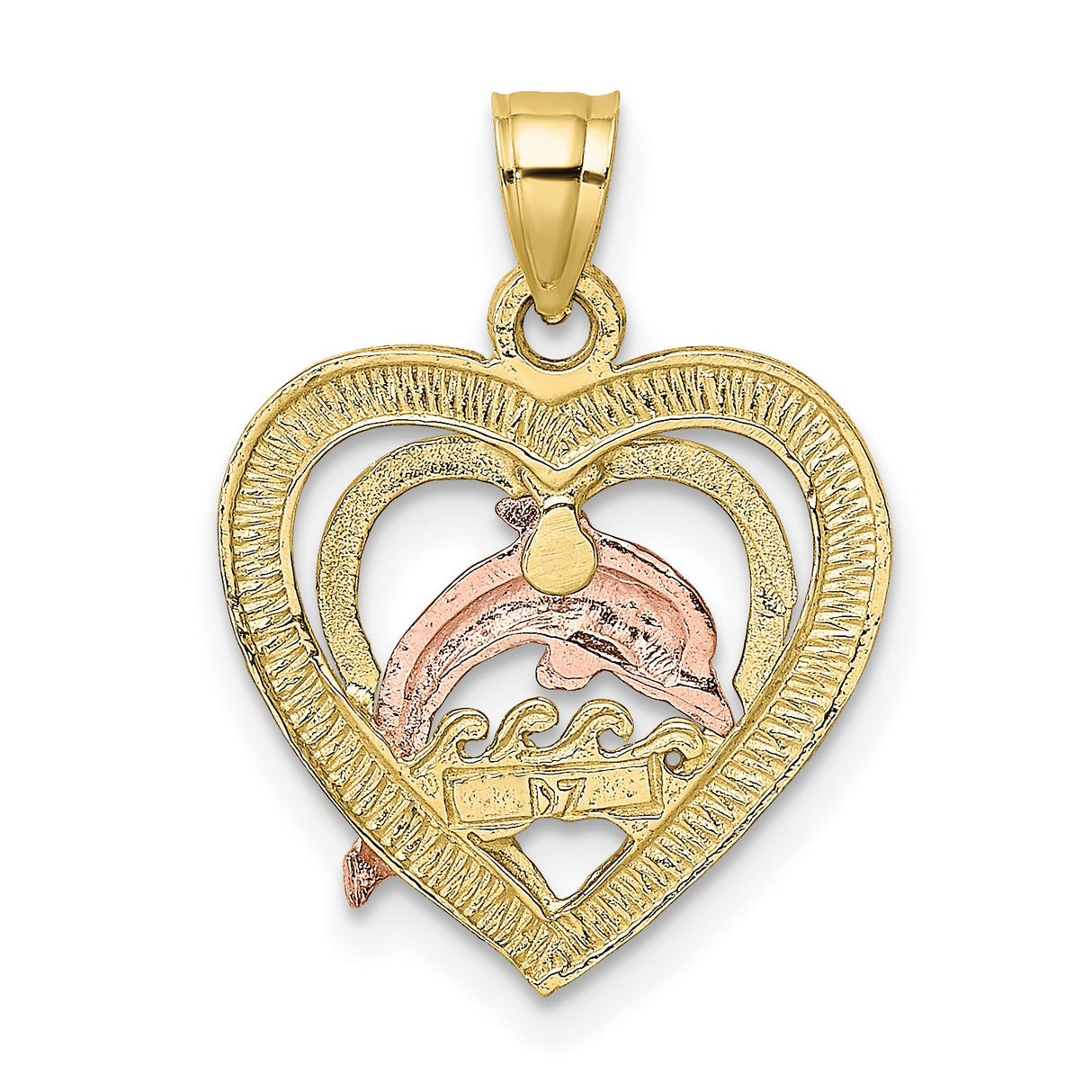 10k Two-Tone Gold Dolphin Heart Pendant with Rose Gold Dolphin and White Gold Waves