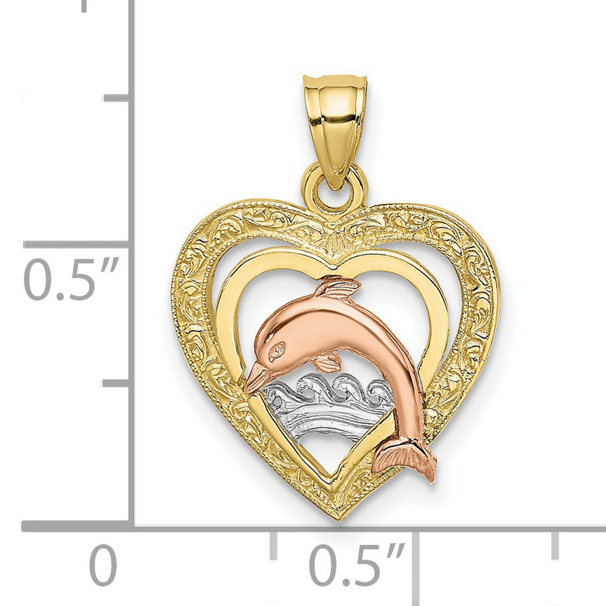 10k Two-Tone Gold Dolphin Heart Pendant with Rose Gold Dolphin and White Gold Waves