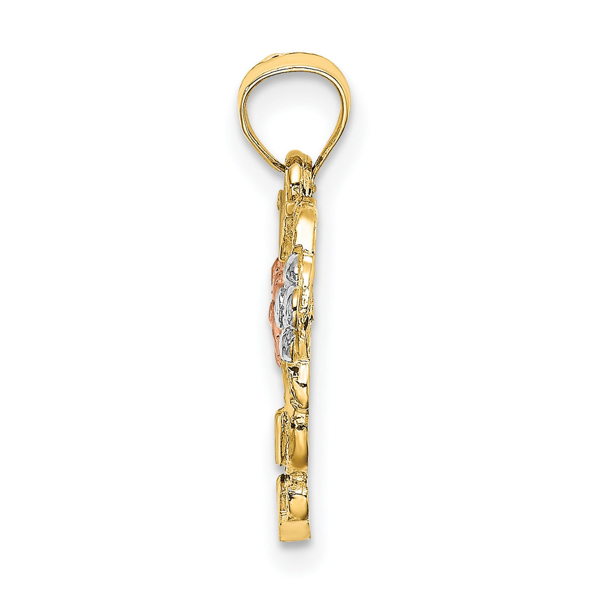 10k Two-Tone Gold Heart Pendant with Rose and White Gold Floral Accents and Leaf Detailing